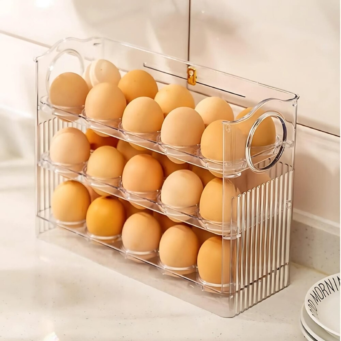 Suport Organizator pentru Oua, Vafy, Capacitate 30 Oua, Pentru Usa Frigiderului, 3 Straturi, din Plastic, Transparent