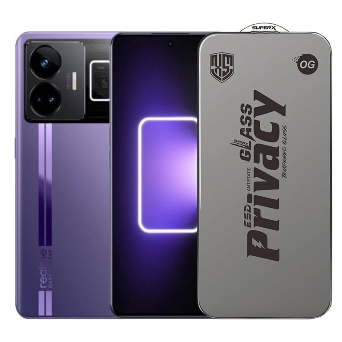 Folie de Protectie pentru Realme GT3, Vafy, Sticla Securizata ESD Antistatica, Super-X Privacy OG, Margini Negre, 0.30 mm, Transparent Inchis