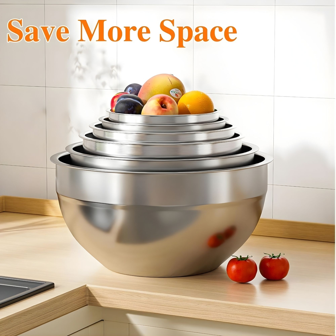 Set 6 Boluri pentru Mixare si Depozitare, Vafy, Inox Premium, Capace Ermetice, 3 Accesorii Razuire si Feliere, Interior Gradat, Design Nestable, Argintiu