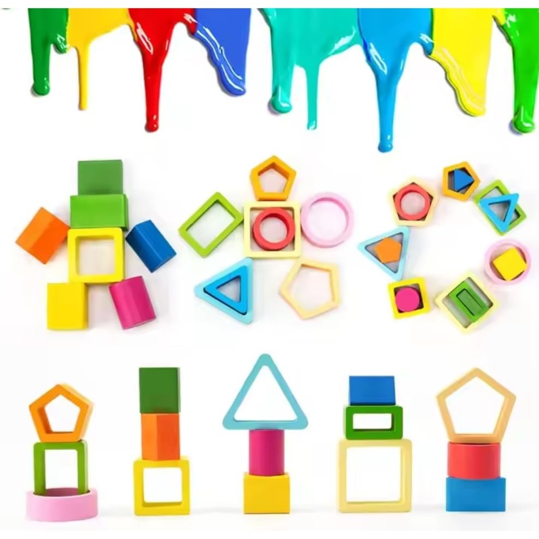 Jucarie Montessori din Lemn, Flippy, Tip Puzzle, cu 5 Forme Asimetrice, 15 Piese, Educativa, Interactiva, Creativa, Model Forme Geometrice, Materiale Non Toxice, +2 Ani, 29x6.5 cm, Multicolor
