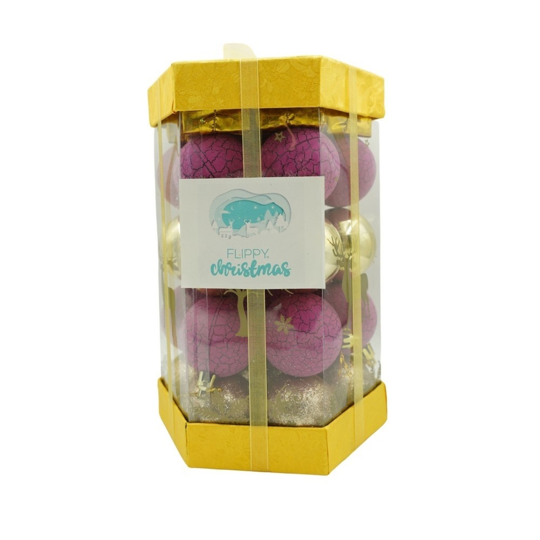 Set de 35 ornamente de brad, Flippy, de tip Glob, Auriu/ Mov, din polistiren, cu finisaj sclipitor , cutie 14 cm adancime x 23 cm inaltime x 14 cm lungime)