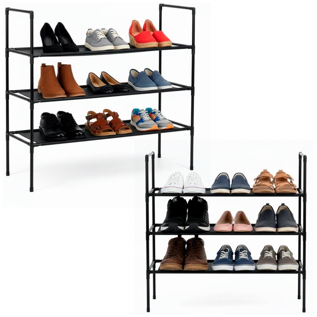 Raft pantofi cu 3 polite, structura metalica si rafturi textile, 72x28x70 cm, negru