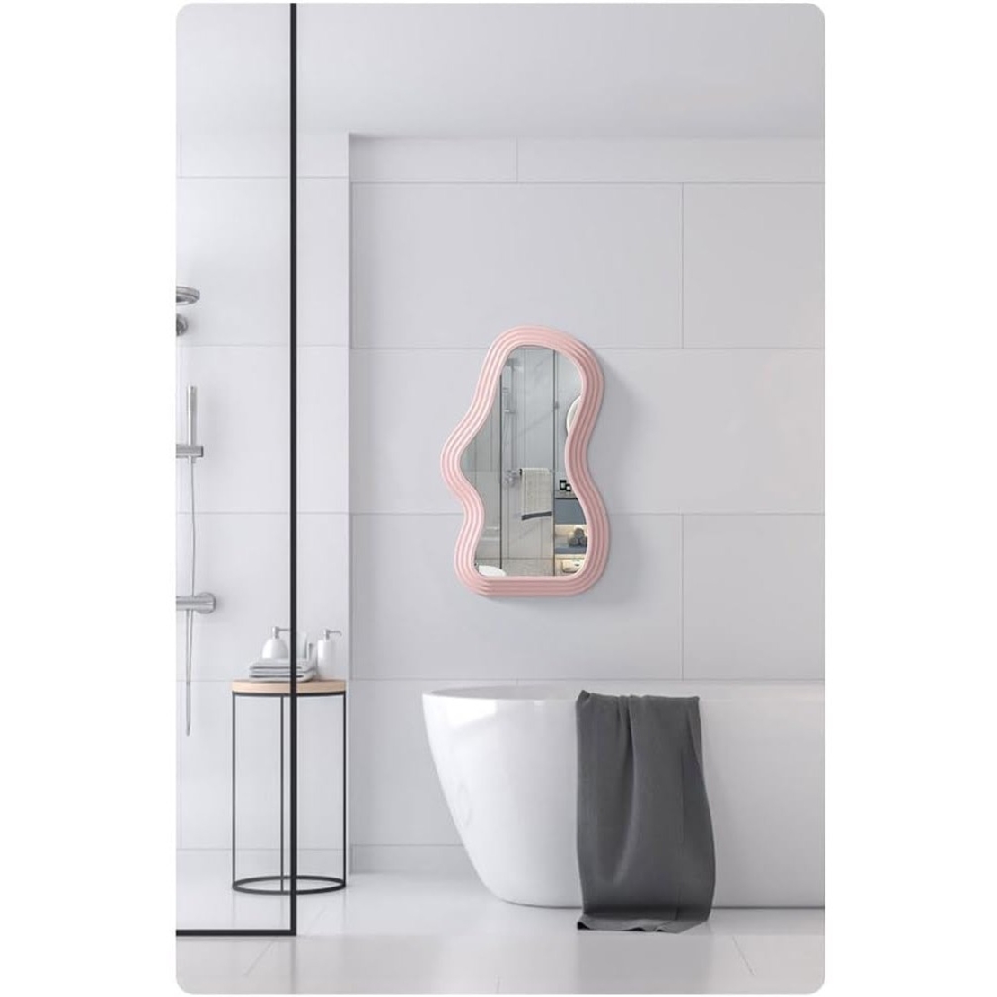 Oglinda de Perete, Flippy, Decorativa, pentru Baie, Dormitor, Sufragerie, Model Minimalist, Forma Asimetrica, 40.3x26 cm, Roz