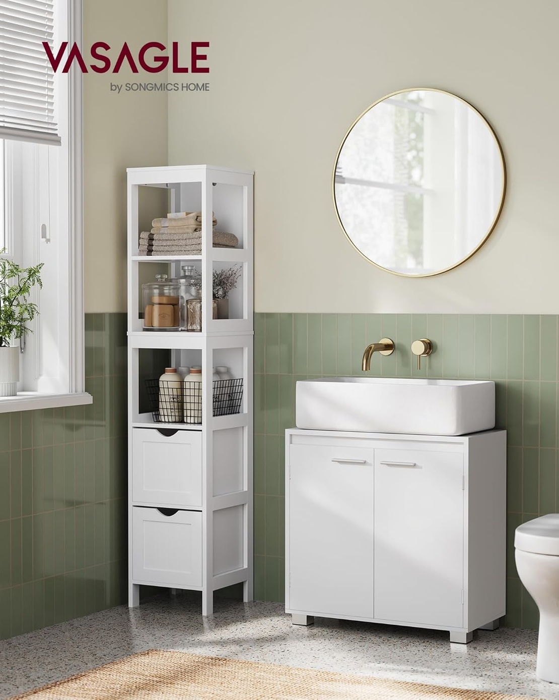VASAGLE Dulap baie pentru suport lavoar, MDF, 2 compartimente, raft interior reglabil, 30x60x60 cm, alb
