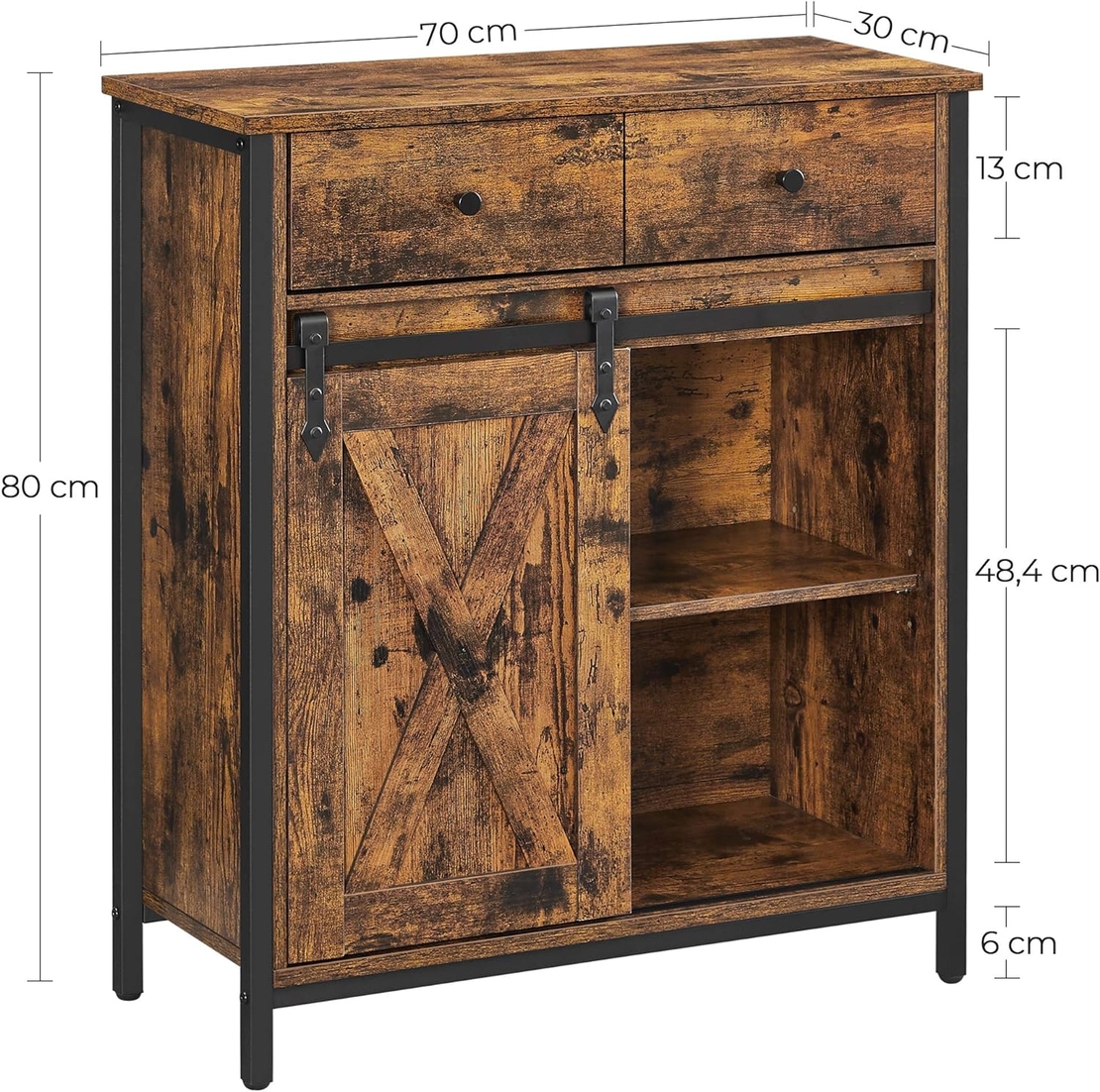 VASAGLE Comoda pentru living sau bucatarie, cu 2 sertare si usa glisanta, rafturi reglabile, stil rustic, 30x70x80cm, maro si negru