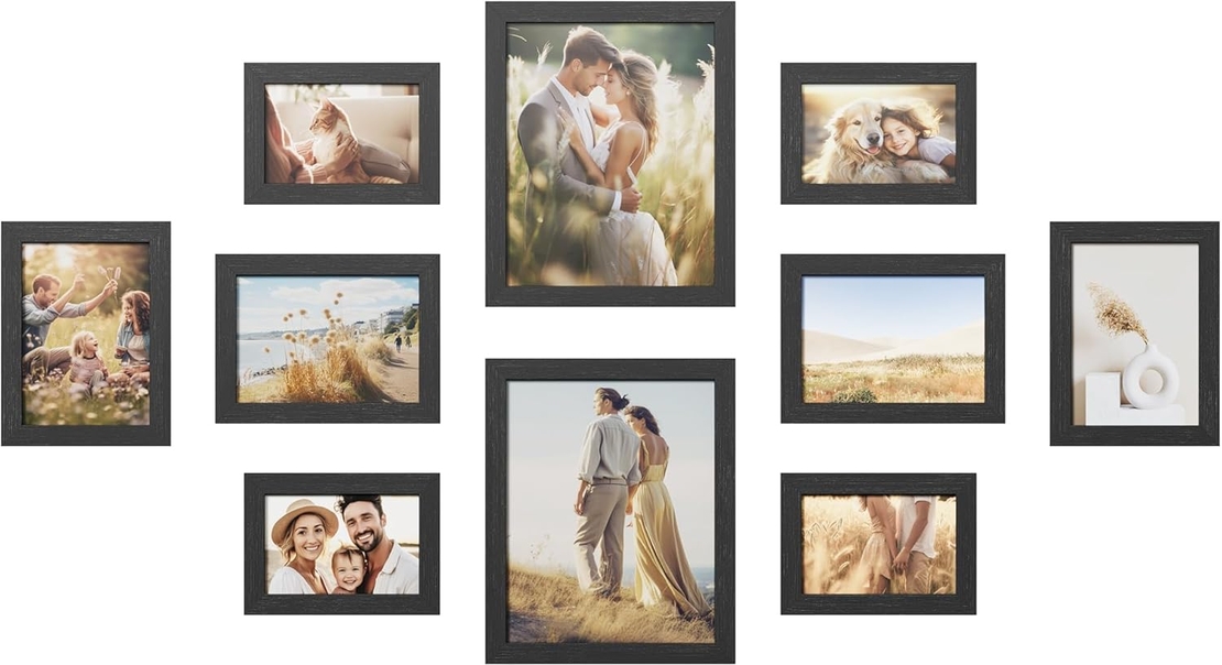 SONGMICS set rame foto 10 buc, 28x24 / 21x16 / 18x13 cm, negru, montaj perete sau birou, MDF si plastic