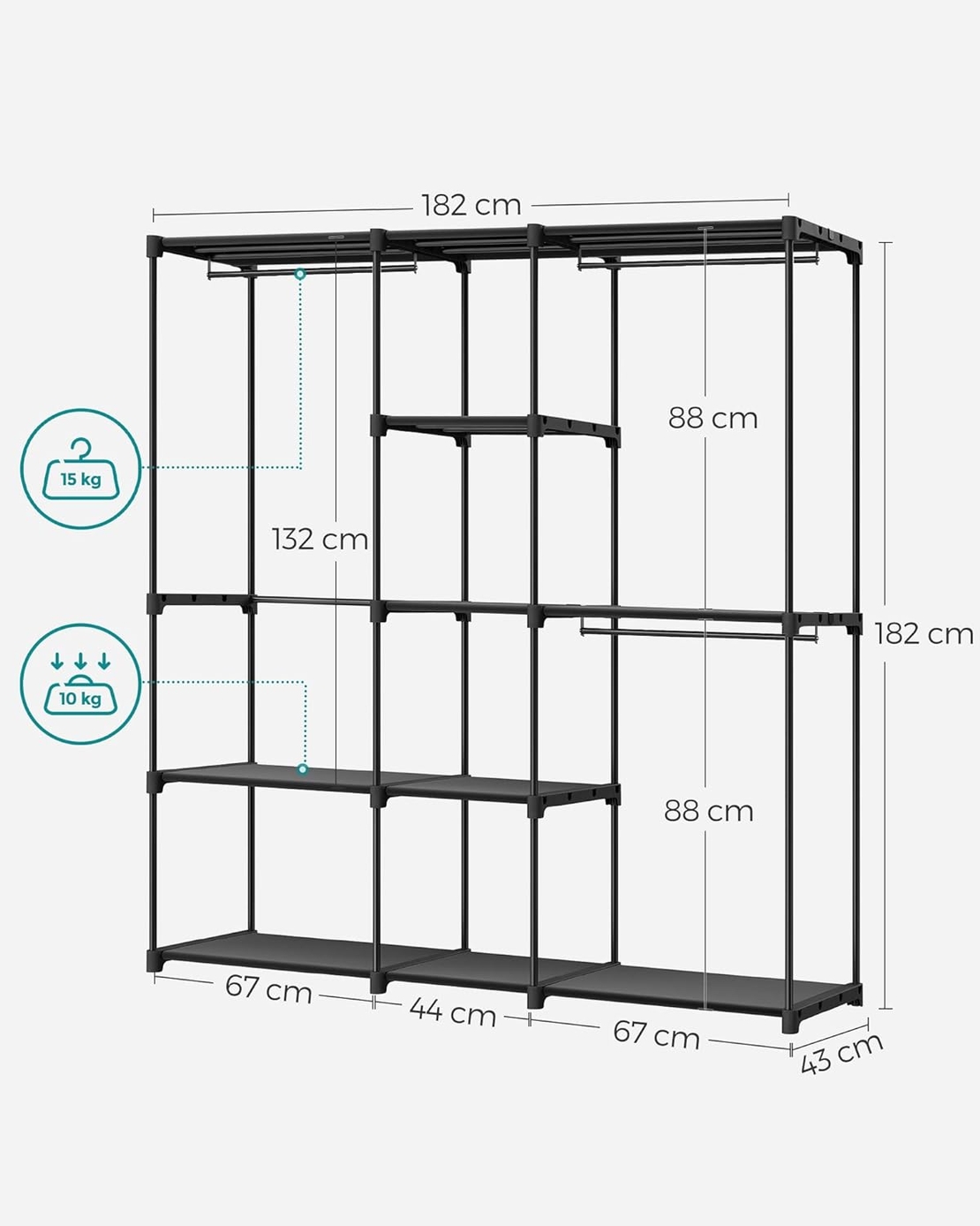 SONGMICS Dulap portabil pentru haine cu 3 bare de suspendare si rafturi, structura metalica, 43x182x182 cm, negru
