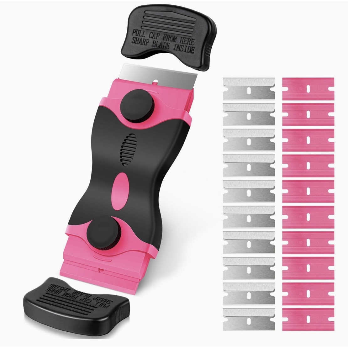 Racleta Multifunctionala pentru Curatare Sticla si Ceramica, Flippy, Design Ergonomic, Maner Anti-alunecare, Include 20 de Lame de Schimb, 12,5 x 4,5 cm, Roz