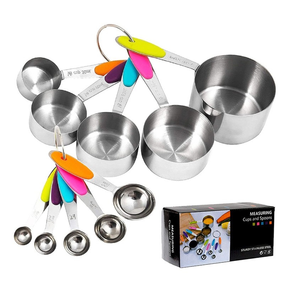 Set 10 Piese de Masurare, Flippy, 5 Linguri Gradate + 5 Cesti Gradate, Otel Inoxidabil + Silicon, 19 x 8 x 9 cm, Multicolor
