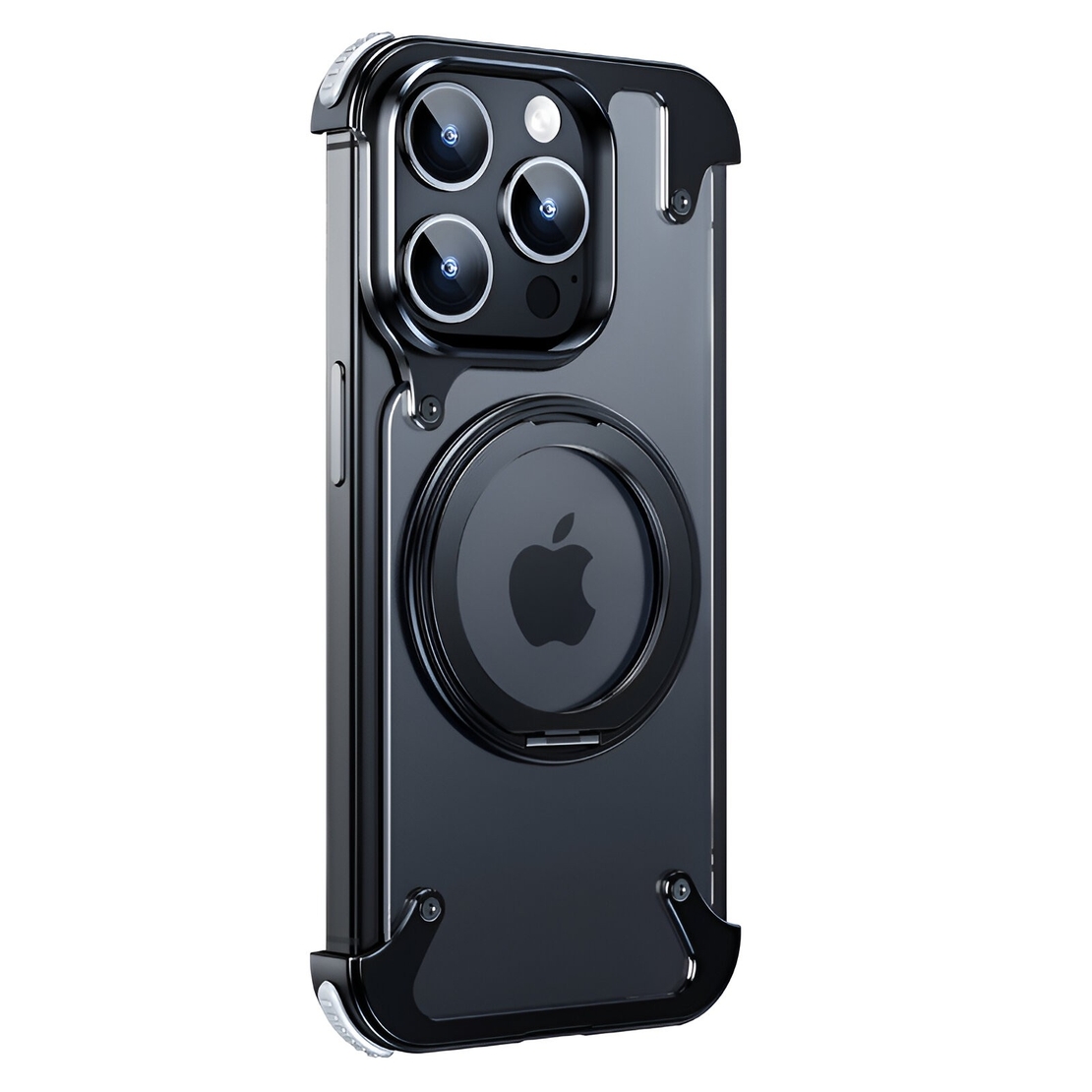 Husa de Protectie Compatibil cu iPhone 15 Pro, Vafy, Incarcare Wireless, Tehnologie Magsafe, Inel Magnetic Rotativ 360 cu Functie de Suport, Rama Metalica, Carcasa din PC, Negru Transparent