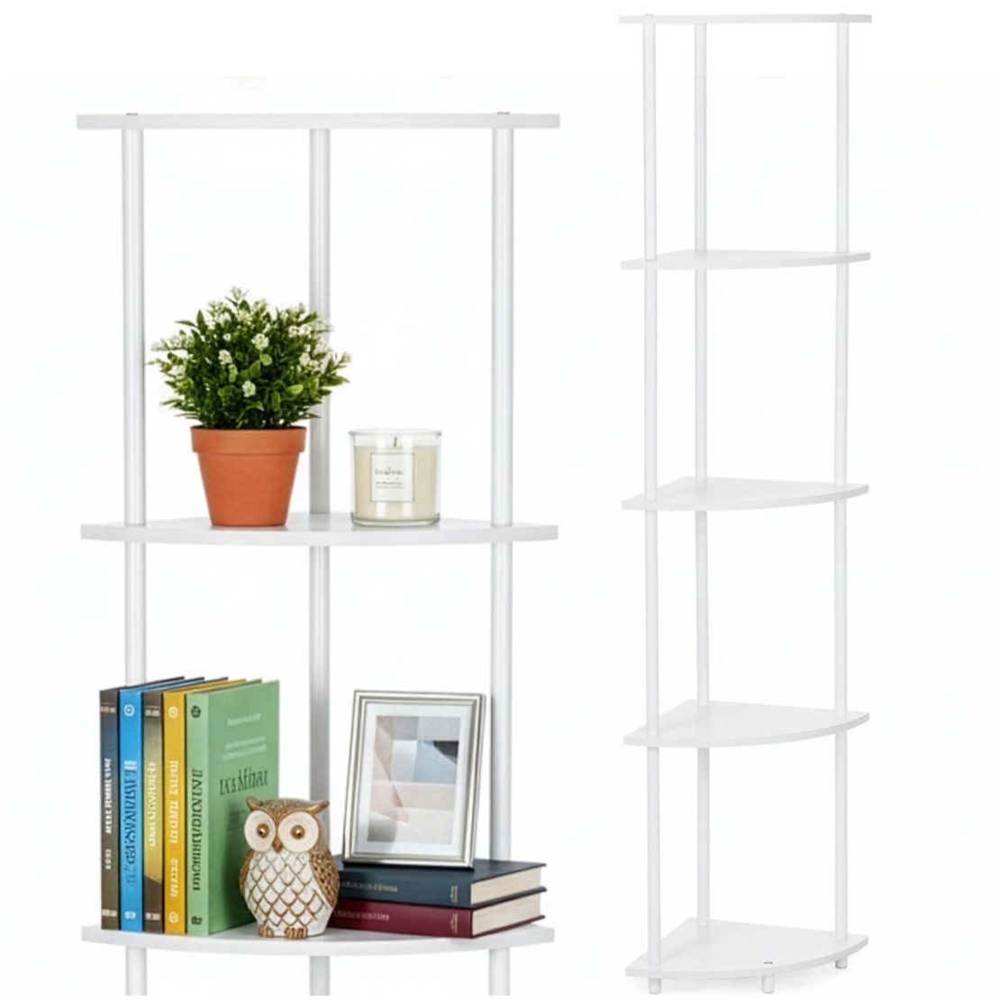 Raft de colt cu 5 polite, MDF, cadru metalic, 148x30x30 cm, alb