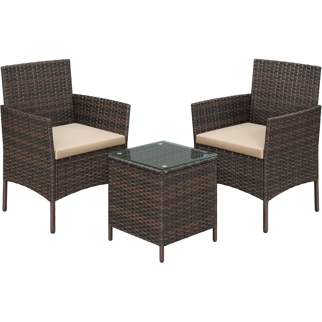 SONGMICS Set mobilier gradina cu 2 locuri, 2 scaune si masa cu sticla, ratan PE, maro