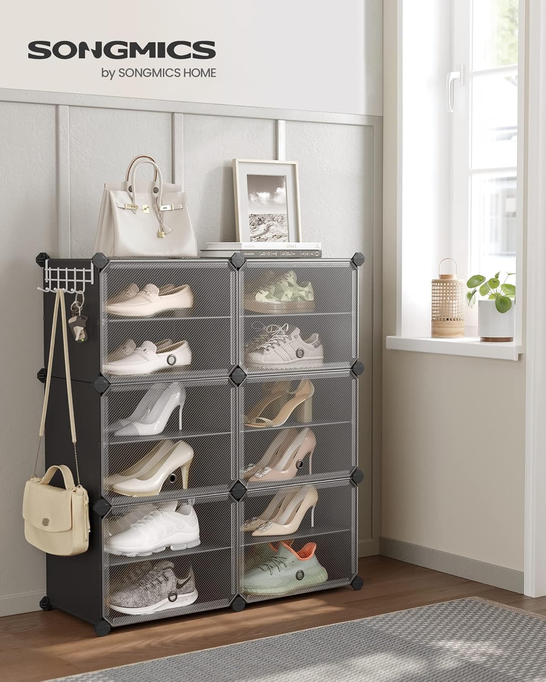 SONGMICS Dulap pantofi modular cu 6 compartimente, panouri plastic si cadru metalic, 83x32x94 cm, pana la 24 perechi, negru