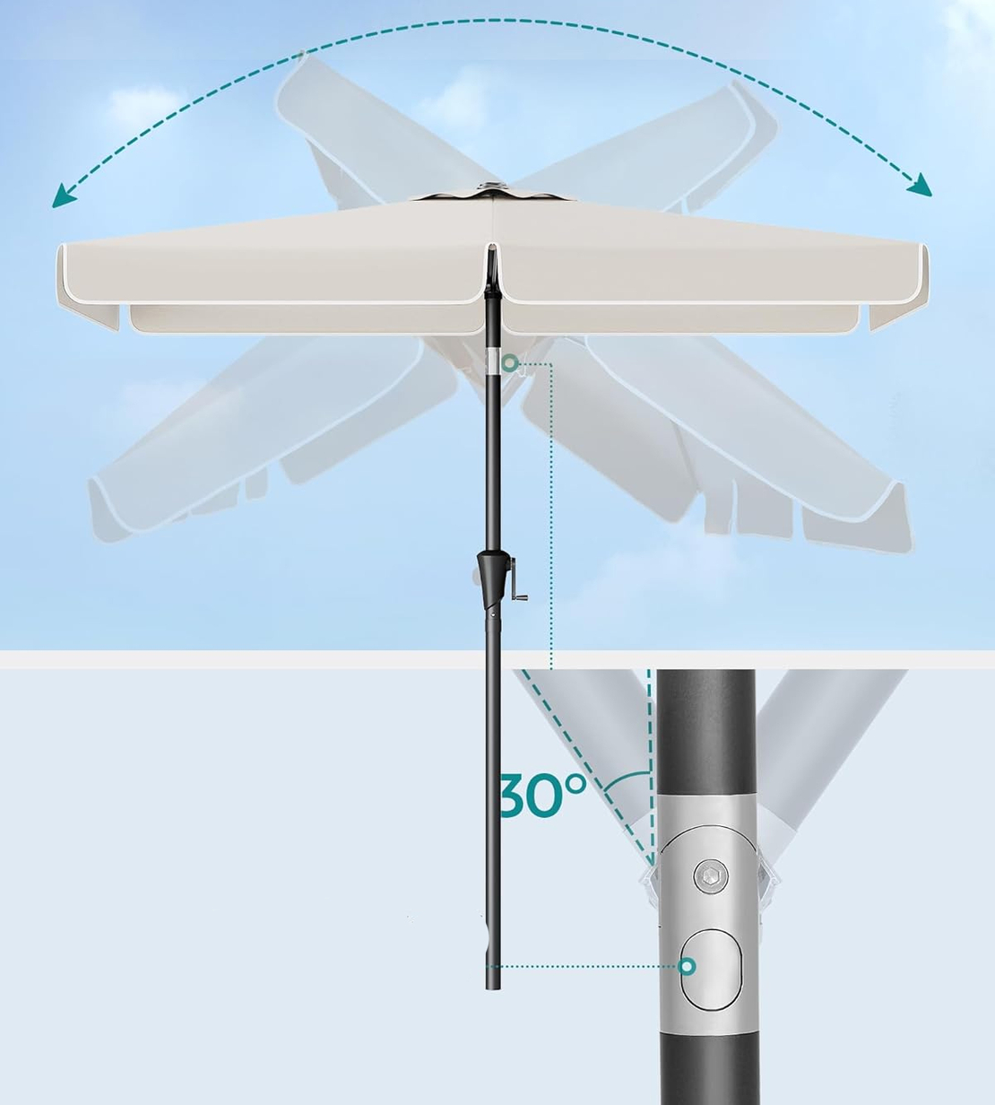 SONGMICS Umbrela de gradina cu manivela, UPF 50+, inclinare 30°, structura metalica, 300x200 cm, bej