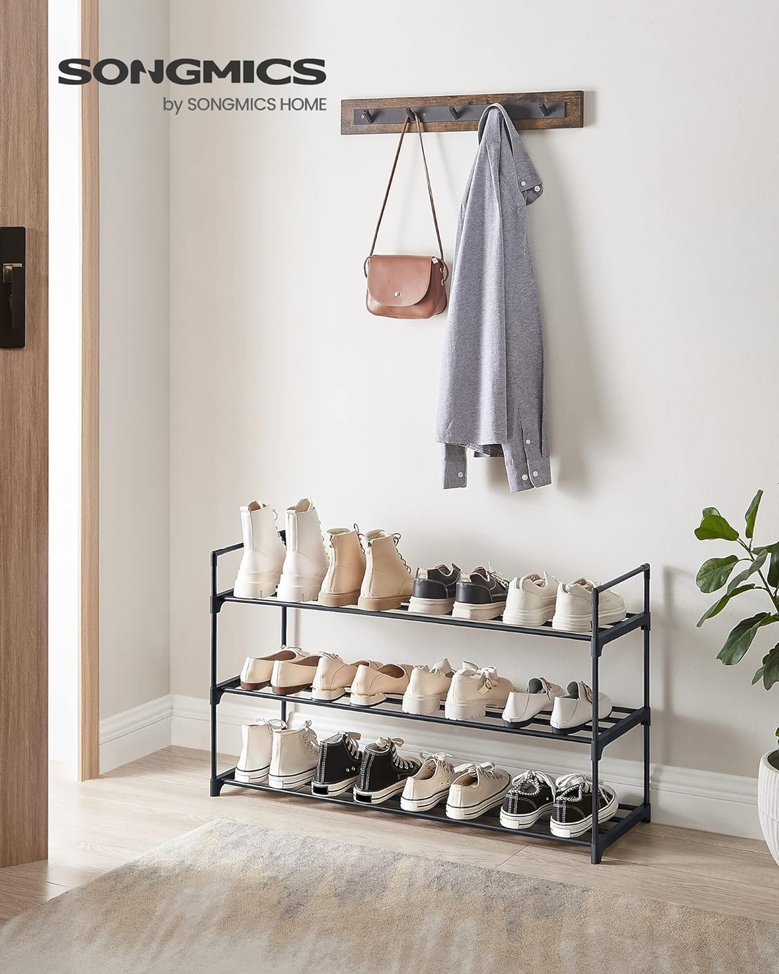 SONGMICS Suport pentru pantofi, cadru metalic cu 3 nivele, 12-15 perechi, stivuibil, 54x92x30cm, negru