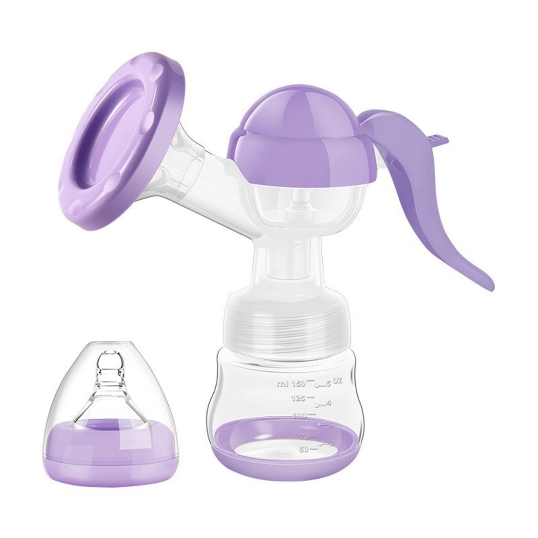Pompa de San Manuala Multifunctionala, Flippy, Portabila, cu Tetina pentru Biberon, Anti-Scurgere, Anti-Reflux, 17x18 cm, 150 mL, Silicon, Recipient Transparent, Mov