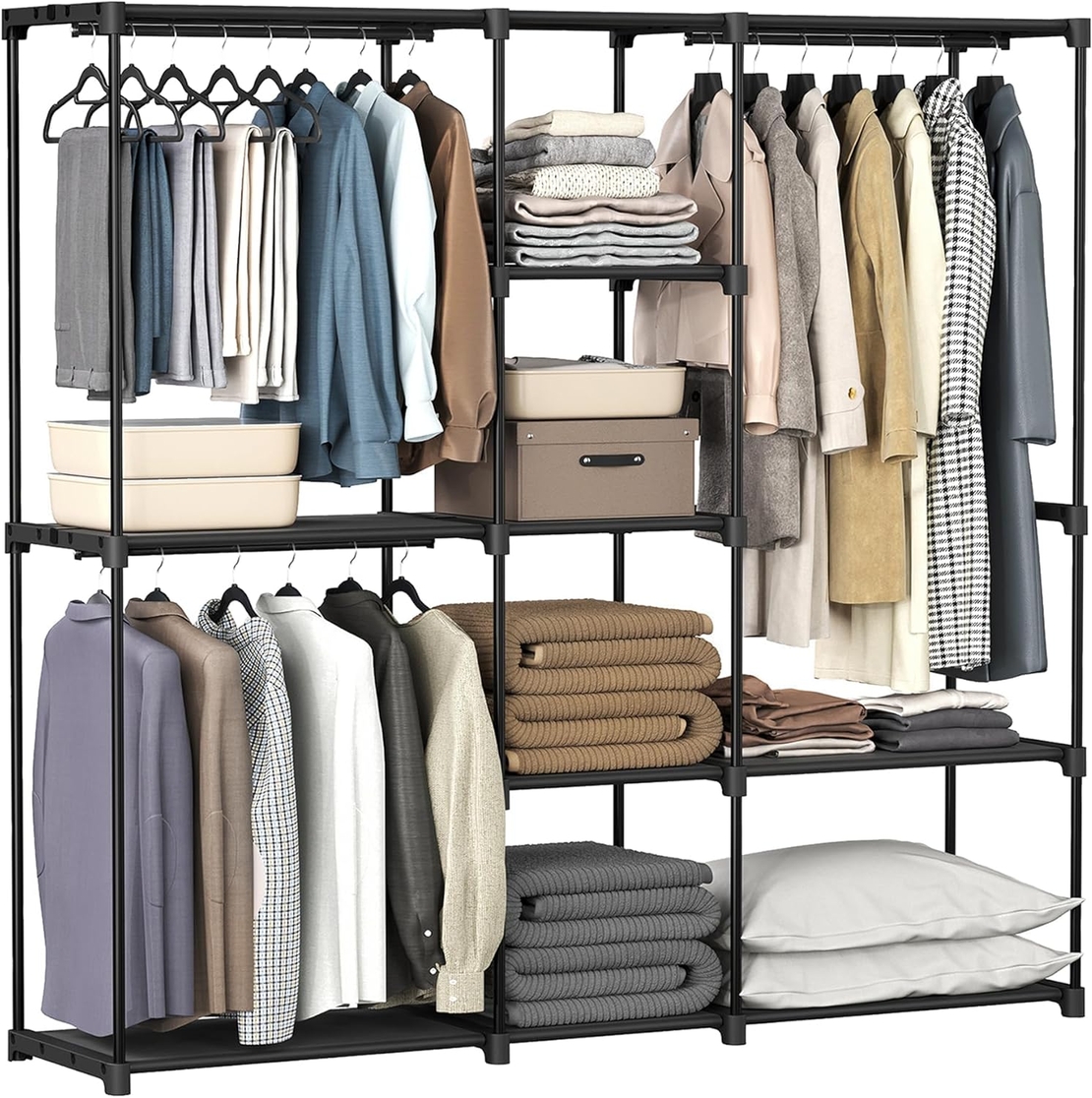 SONGMICS Dulap portabil pentru haine cu 3 bare de suspendare si rafturi, structura metalica, 43x182x182 cm, negru