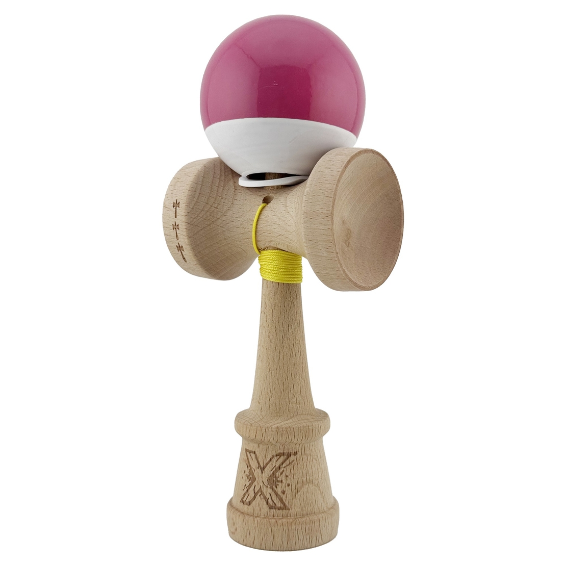Kendama X Originala, Profesionala, Flippy, Super Sticky cu Cupe Mari KING SIZE V3, Gaura in Baza, Rulment Metalic, din lemn 18 cm, Ata 62/65 cm, Bicolor Roz inchis/Alb