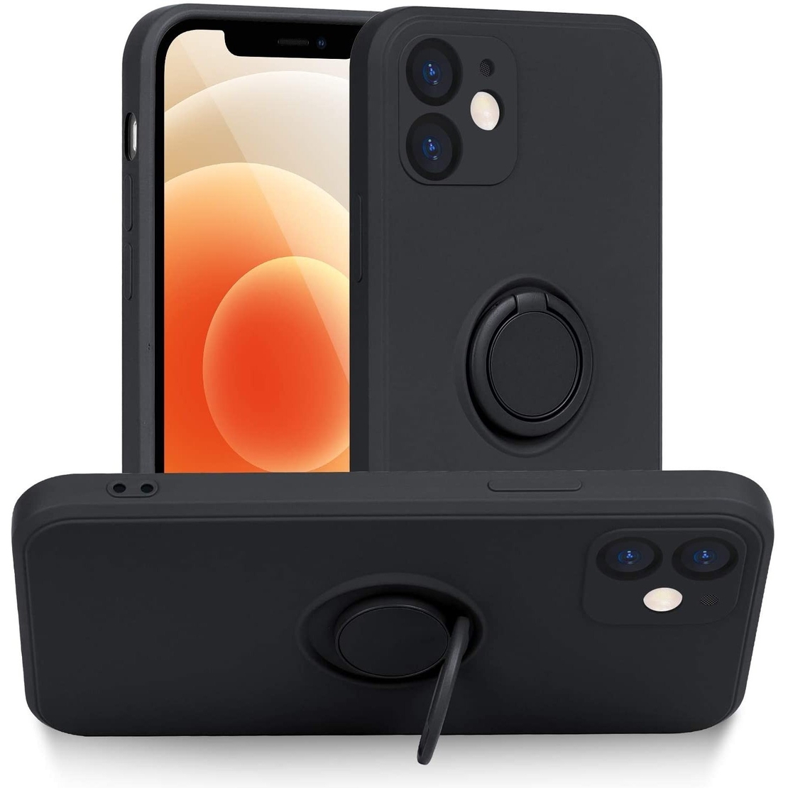 Husa protectie Vafy compatibila cu Apple iPhone 12 Mini Liquid Silicone Ring cu suport rotativ Negru