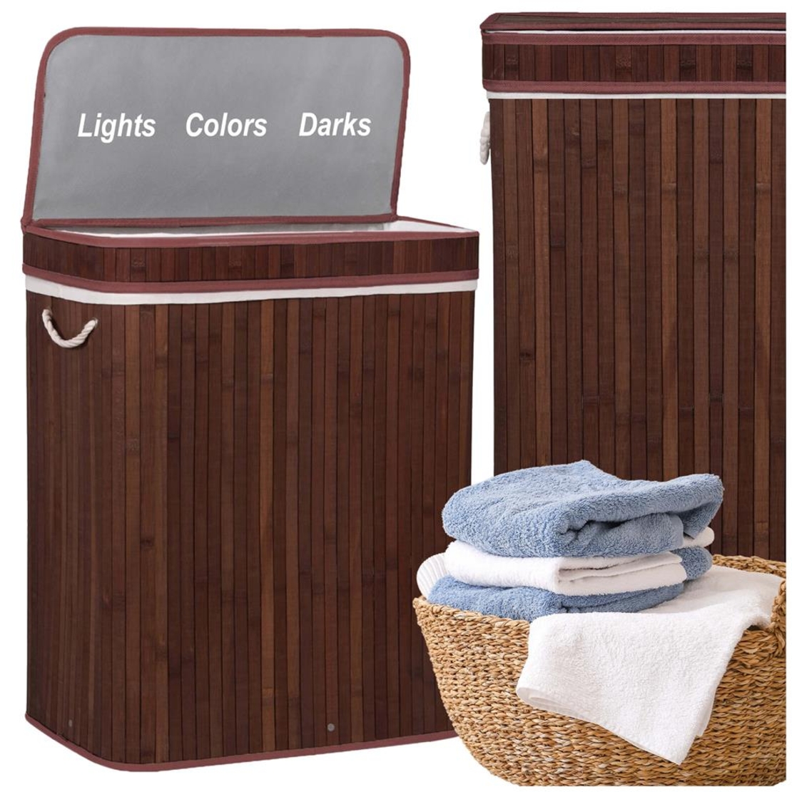 Cos de rufe cu capac si 3 compartimente, sac textil detasabil, 100 litri, 51x32x63 cm, maro