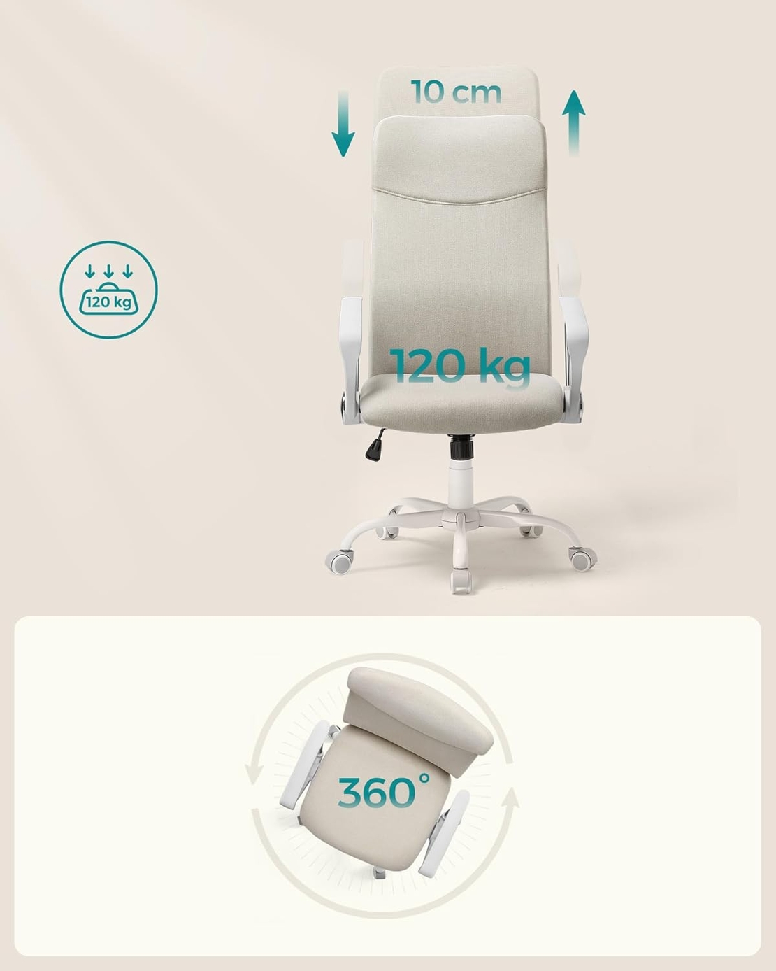 SONGMICS Scaun de birou ergonomic, reglabil pe inaltime, functie balans, maxim 120 kg, 64x64x120 cm, bej