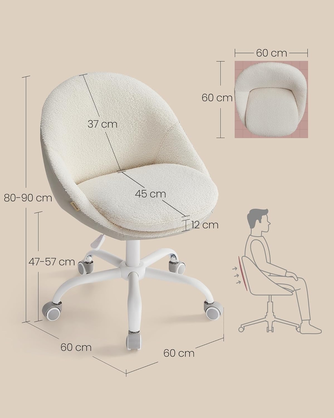 SONGMICS Scaun de birou ergonomic, inaltime reglabila, 60x60x(80-90) cm, bej