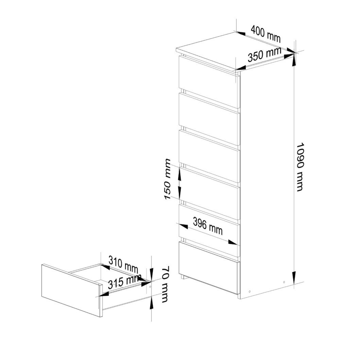 Comoda cu 6 sertare, PAL laminat 16 mm, 40x35x109 cm, stejar sonoma si alb