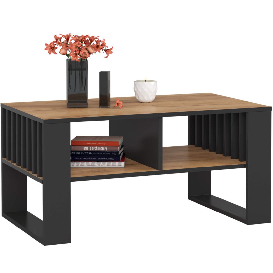 Masuta cafea ROCKFORD, cu blat din PAL, 92x53x45 cm, stejar craft si negru