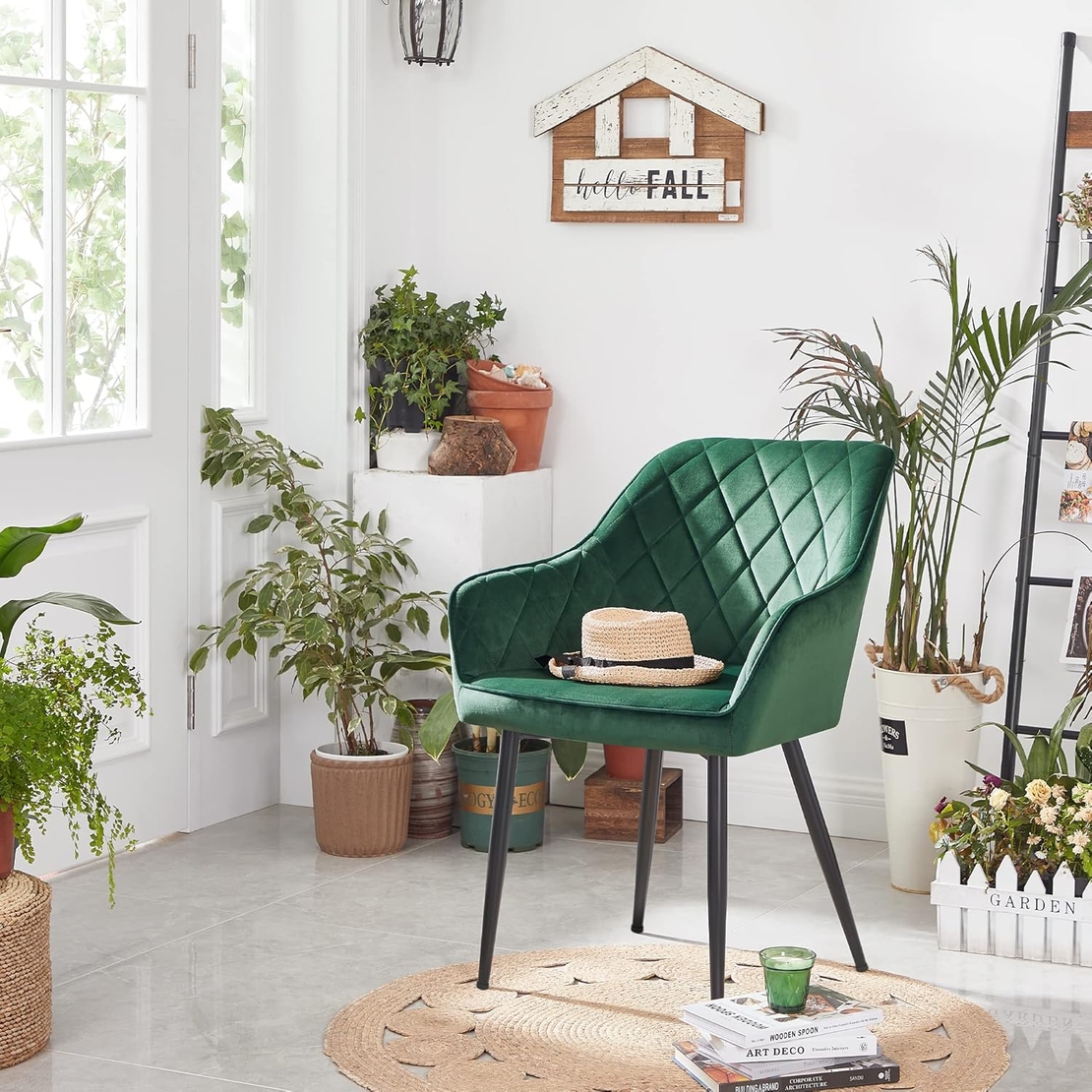 SONGMICS Scaun living tapitat din catifea cu cotiere, sarcina 110 kg, 63x60x85 cm, verde