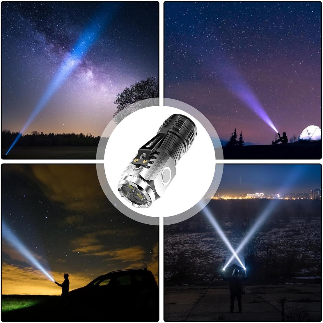 Lanterna cu 3 Nuclee Led, Vafy, Incarcare USB, Autonomie 4-20h, Raza Maxima 100-200 m, 5W, 4 x 4 x 9 cm, Suport de Agatat, Fund Magnetic, Argintiu