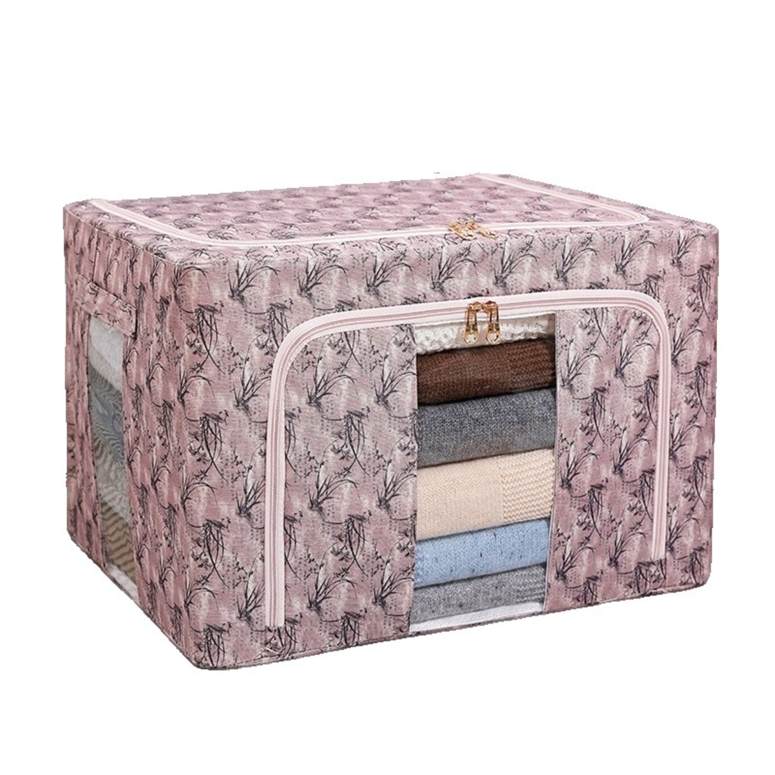 Cutie Depozitare, Vafy, 66L, din Material Textil, 50 x 40 x 33 cm, pentru Haine si Lenjerii, Model Bambus, Roz