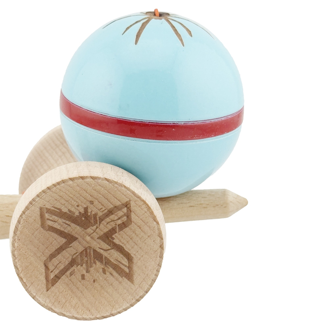 Kendama X Originala Silken, Profesionala, Flippy, Cupe Mari KING SIZE V3, Super Sticky, Gaura in Baza, Rulment Metalic, din lemn 18 cm, Ata 62/65 cm, Albastru deschis