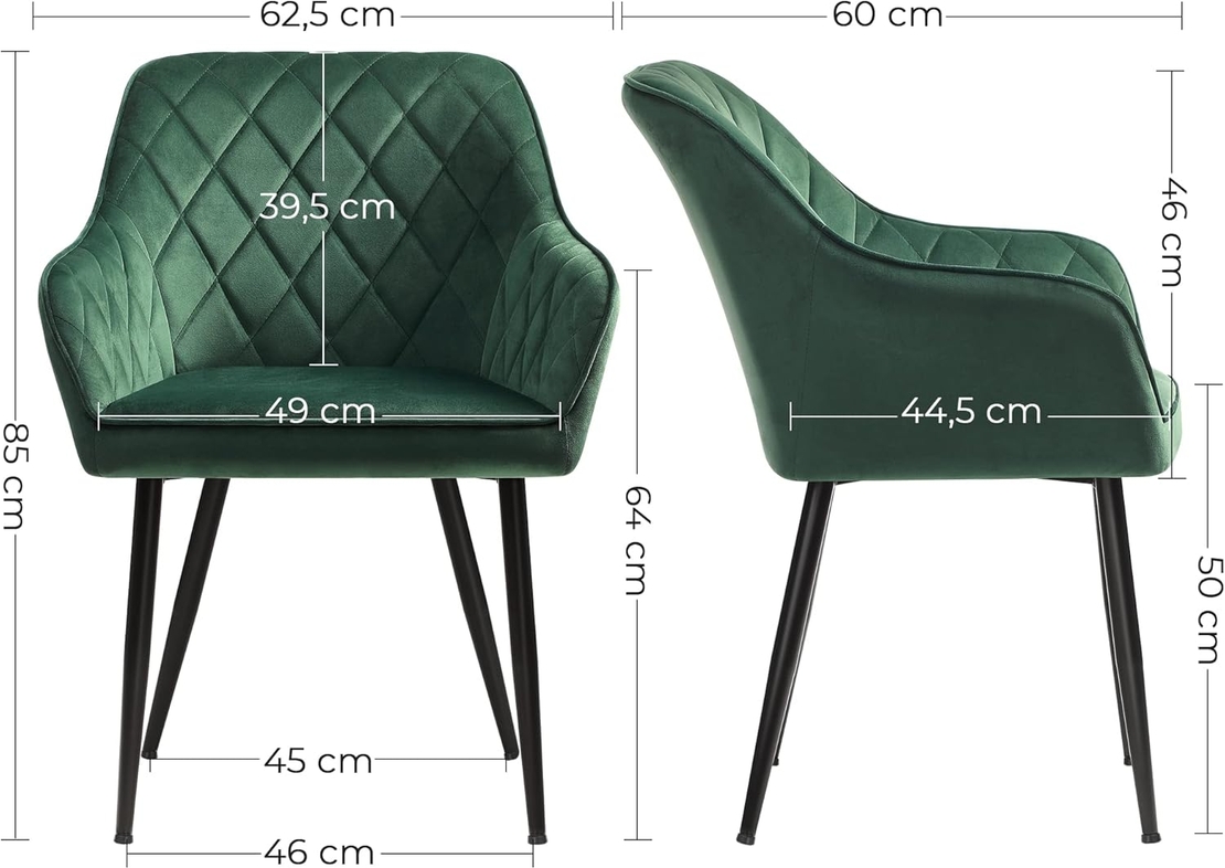 SONGMICS Scaun living tapitat din catifea cu cotiere, sarcina 110 kg, 63x60x85 cm, verde