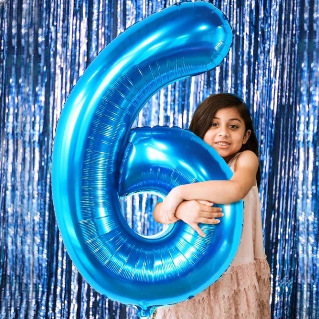 Balon din Folie Metalizata Flippy, Figurina Cifra, Tema Aniversare 100 cm, Ambalaj Individual, Pai inclus, Umflare cu Aer sau Heliu, Albastru, Cifra 6