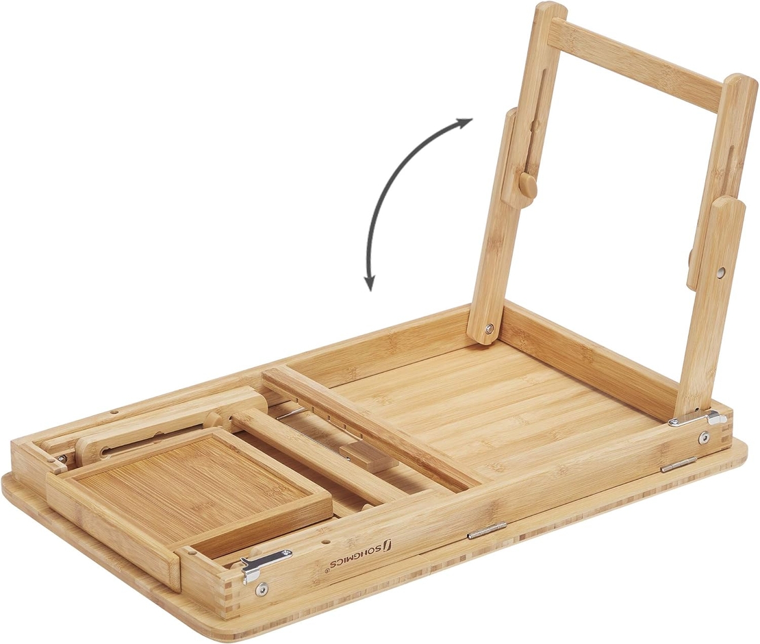 SONGMICS Masuta laptop sau mic dejun, din bambus, reglabila pe inaltime si unghi, cu sertar lateral, 68x35x22-32 cm, natural