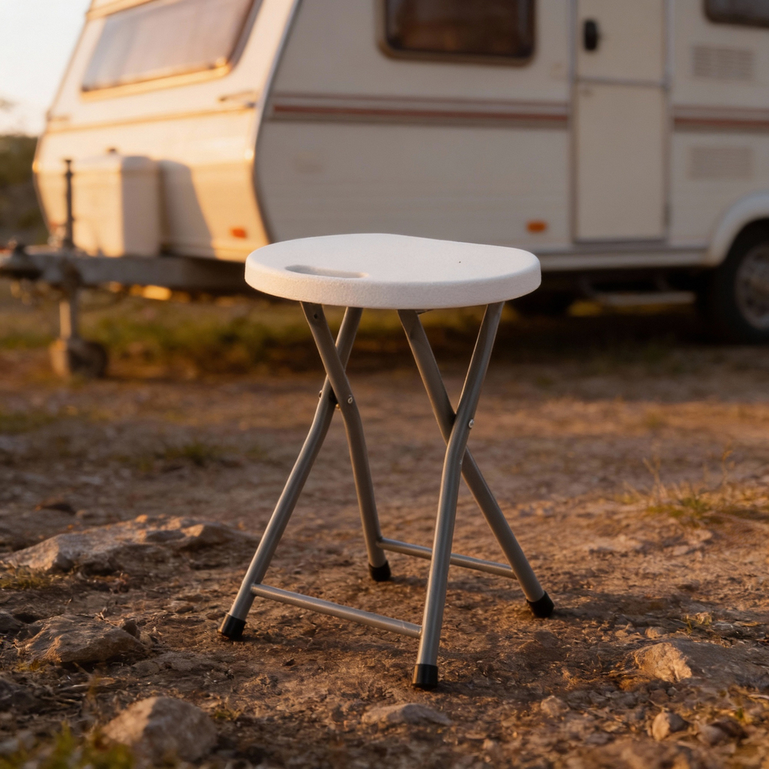 Taburet pliabil pentru camping sau gradina, cadru metalic si blat PVC, 32x44 cm, alb