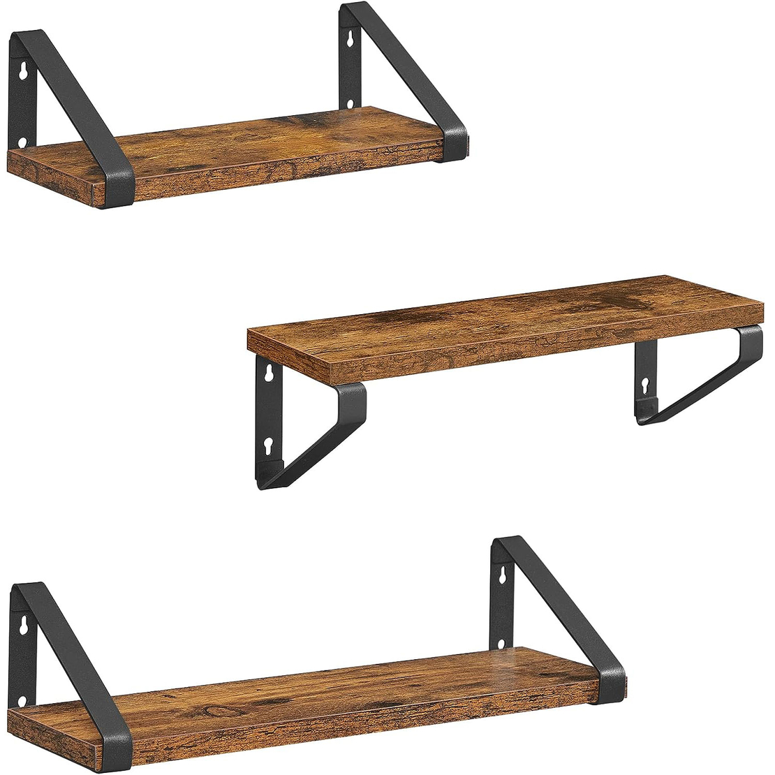 VASAGLE Raft de perete, set 3 bucati 30cm, 35cm si 40cm, 2 moduri de montare, maro rustic si negru
