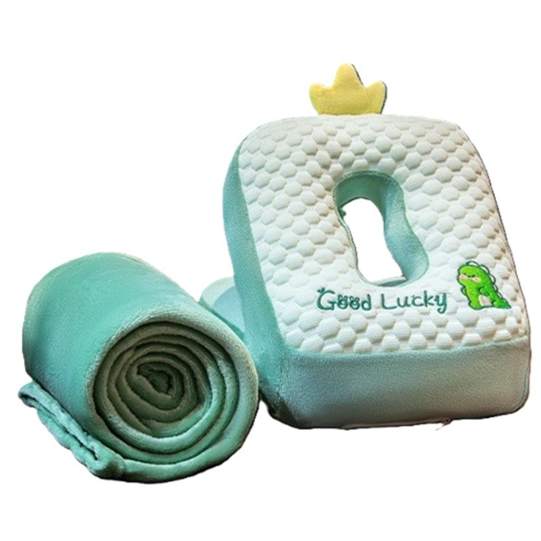 Set 2in1 Patura Microfibra si Perna din Spuma, Vafy, pentru Birou, Calatorii, Pauze, Model Dinozaur, Microfibra, 1x1.7 m, 30x35x30 cm, Verde