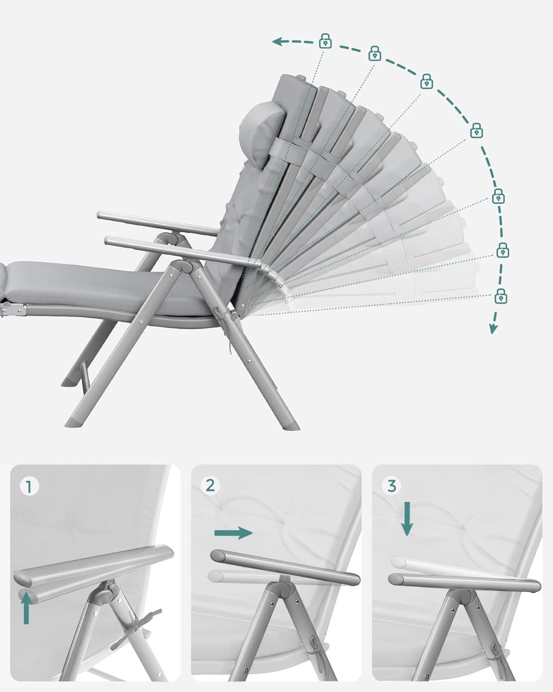 SONGMICS Sezlong pliabil, cu saltea groasa si tetiera, spatar reglabil, maxim 150kg, 183x60x39cm, gri