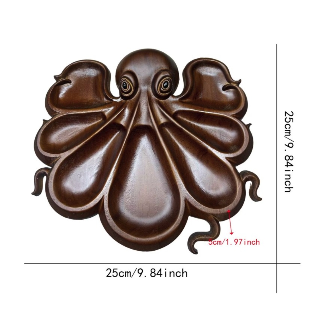 Platou pentru Servire, Vafy, in Forma de Caracatita, 8 Compartimente pentru Mezeluri Branzeturi Snacksuri, Design Artistic, din Lemn Masiv, 26 x 25 x 3 cm, Maro inchis