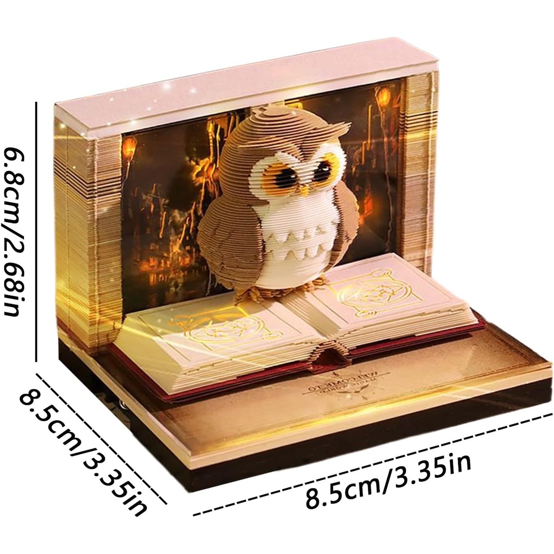 Calendar Interactiv 3D 2026, Flippy, Calendar de Sculptura cu Luminite LED, Bufnita Magic World, pentru Copii, Calendar de Birou Ornamentat, 9 x 9 x 6.8 cm, Maro