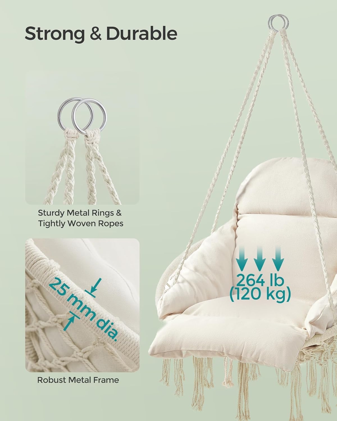 SONGMICS Scaun suspendat tip hamac cu perna groasa, stil scandinav, cadru metalic, include lant si carabiniera, 120 kg, crem