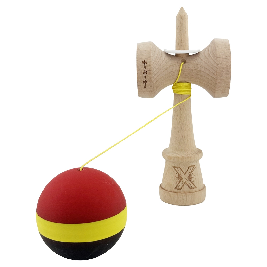 Kendama X Originala, Profesionala, Flippy, Cupe Mari KING SIZE V3, Rubber Grip, Gaura in Baza, Rulment Metalic, din lemn 18 cm, Ata 62/65 cm, M Rosu/Galben/Negru