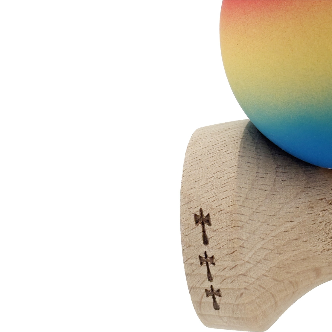 Kendama X Originala, Profesionala, Flippy, Cupe Mari KING SIZE V3, Rubber Grip, Gaura in Baza, Rulment Metalic, din lemn 18 cm, Ata 62/65 cm, Gradient Rosu/Galben/Albastru