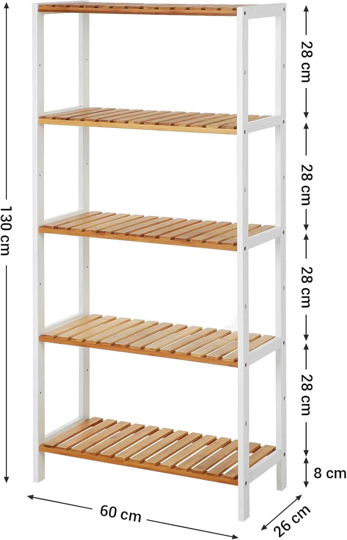 SONGMICS Raft de depozitare din bambus, 5 polite, pentru bucatarie sau baie, 130x60x26cm, alb si maro natur