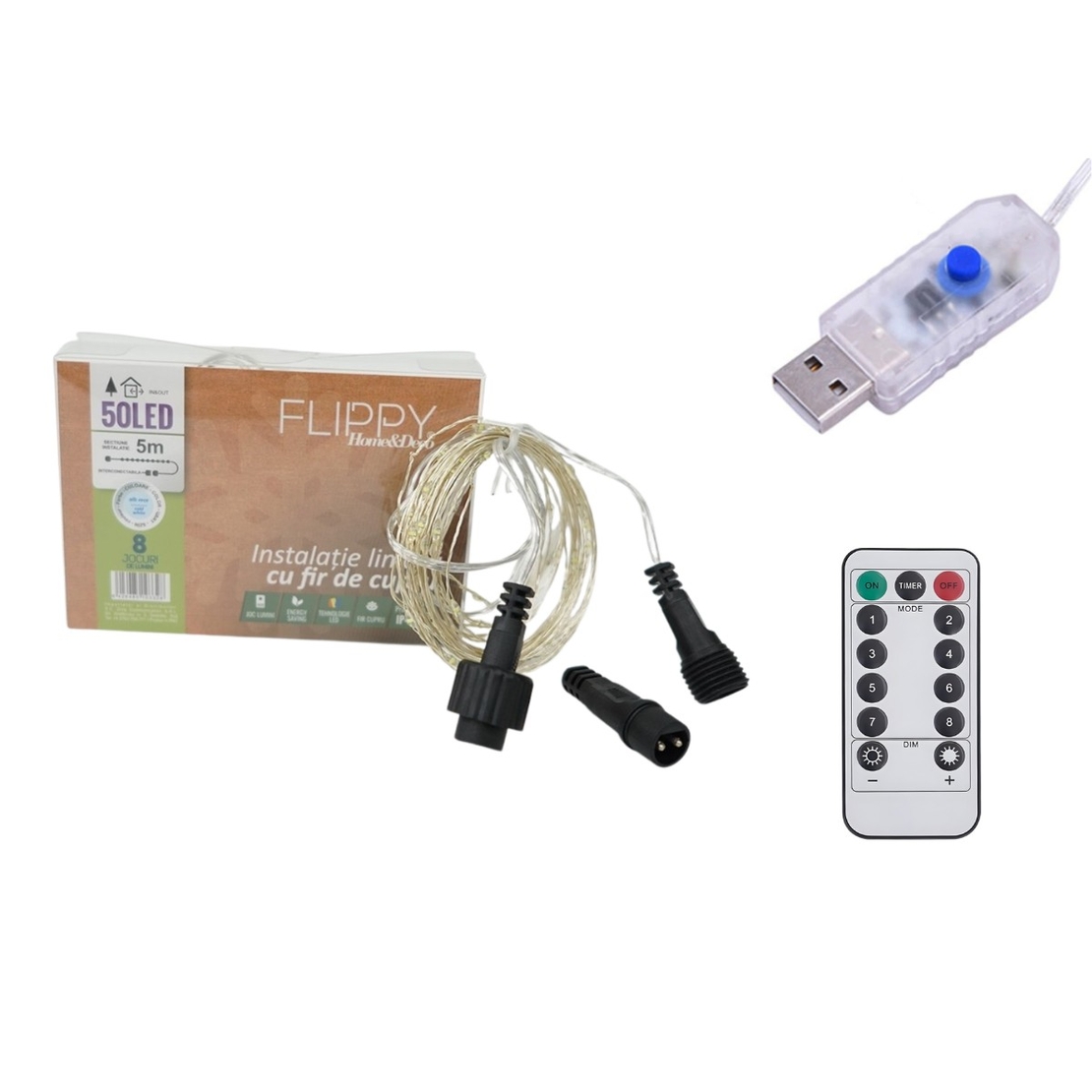 Instalatie de Craciun Liniara, Vafy®, Tip Liniara, Fir Cupru, 8 Jocuri de Lumini, cu Telecomanda, 5 m, 50 Led-uri, Alimentare USB, 4.5V, Alb Rece
