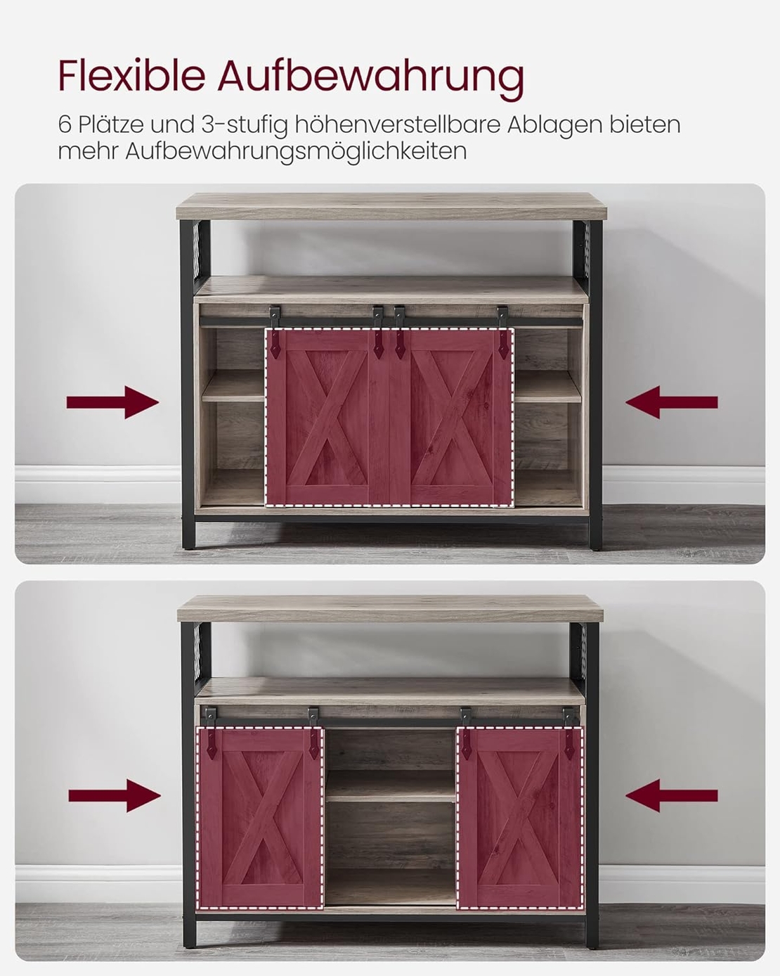 VASAGLE Comoda pentru living sau bucatarie, cu 2 usi glisante, rafturi reglabile, stil rustic, 33x100x80cm, gri