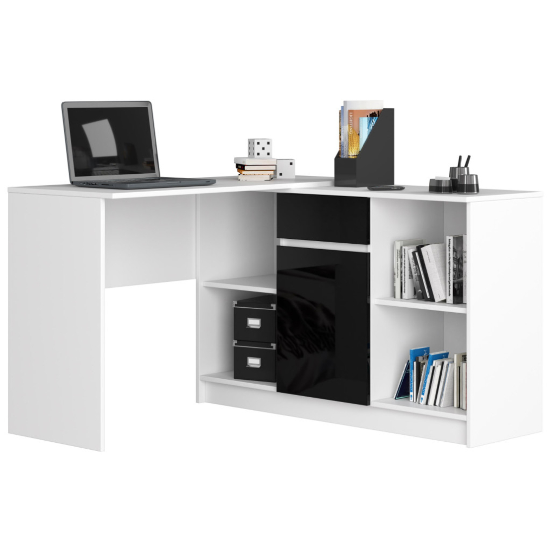 Birou de colt cu sertar, usa si 6 rafturi, fronturi MDF lucios, 120x126x79 cm, alb si negru lucios