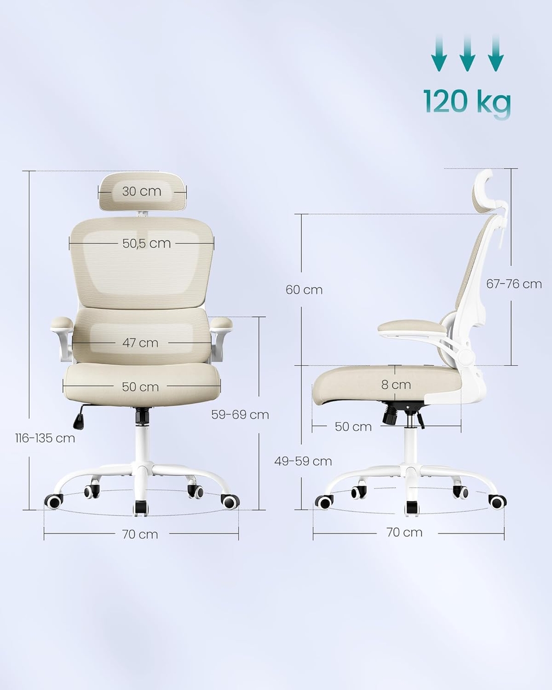 SONGMICS Scaun de birou ergonomic mesh, suport lombar dinamic, tetiera reglabila, brate rabatabile, 70x70x135 cm, bej