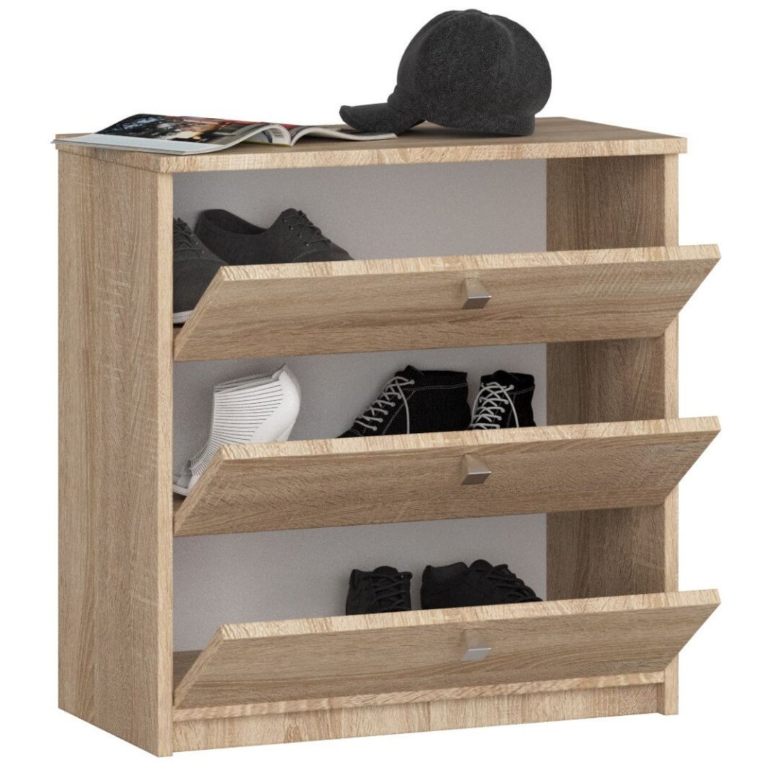 Dulap pantofi MINI cu 3 usi rabatabile, PAL laminat 16 mm, 60x31x62 cm, stejar sonoma